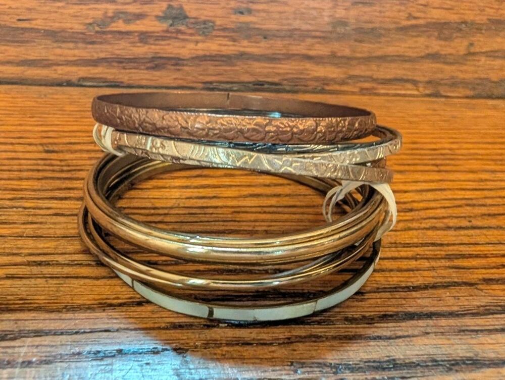 Vintage Stack Of Silver And Copper Bangels Bracelets